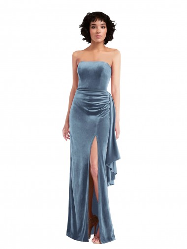 Long Sleeveless Stretch Velvet Dusty Blue Sheath Formal Evening Dress for Sale