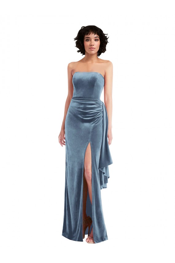 Long Sleeveless Stretch Velvet Dusty Blue Sheath Formal Evening Dress