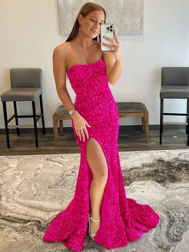 Sweep Train Sleeveless Velvet Sequin Fuchsia Sheath Evening Gown for Sale
