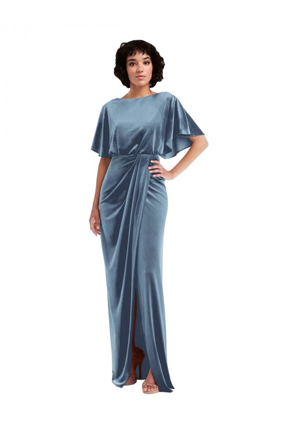 Long Flutter Sleeves Stretch Velvet Dusty Blue Sheath Semi Formal Evening Dress