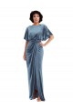 Long Flutter Sleeves Stretch Velvet Dusty Blue Sheath Semi Formal Evening Dress