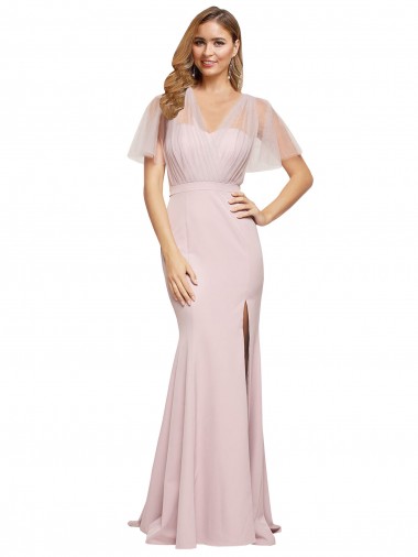Short Sleeves Long Stretch Crepe & Tulle Mauve Sheath Formal Evening Dress for Sale