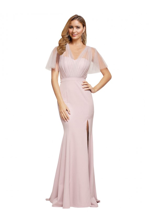 Short Sleeves Long Stretch Crepe & Tulle Mauve Sheath Formal Evening Dress