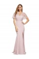 Short Sleeves Long Stretch Crepe & Tulle Mauve Sheath Formal Evening Dress