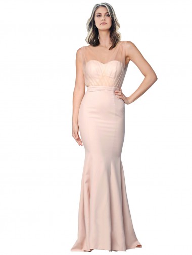 Long Sleeveless Stretch Crepe & Tulle Nude Sheath Formal Evening Dress for Sale