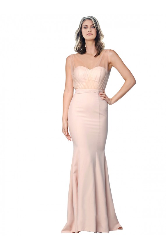 Long Sleeveless Stretch Crepe & Tulle Nude Sheath Formal Evening Dress