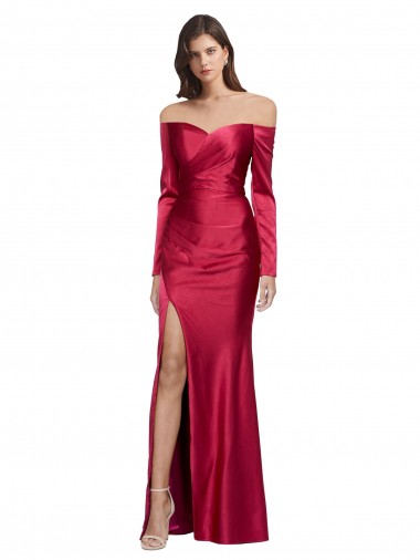 Long Long Sleeves Stretch Satin Dark Red Sheath Formal Evening Dress for Sale