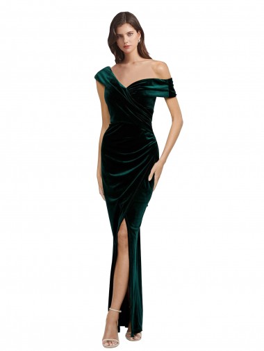 Long Sleeveless Stretch Velvet Dark Green Off the Shoulder Sheath High Low Evening Dress for Sale