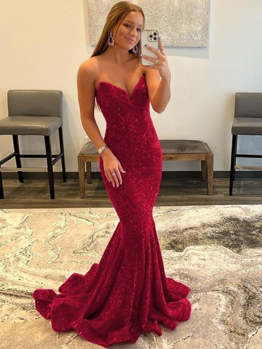 Sweep Train Sleeveless Velvet Sequin Burgundy Sheath Evening Dress for Sale