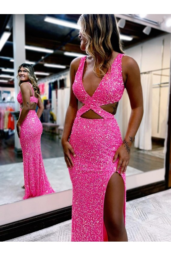 Long Sweep Train Sleeveless Velvet Sequin Sheath Evening Dress