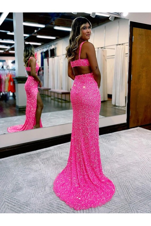 Long Sweep Train Sleeveless Velvet Sequin Sheath Evening Dress