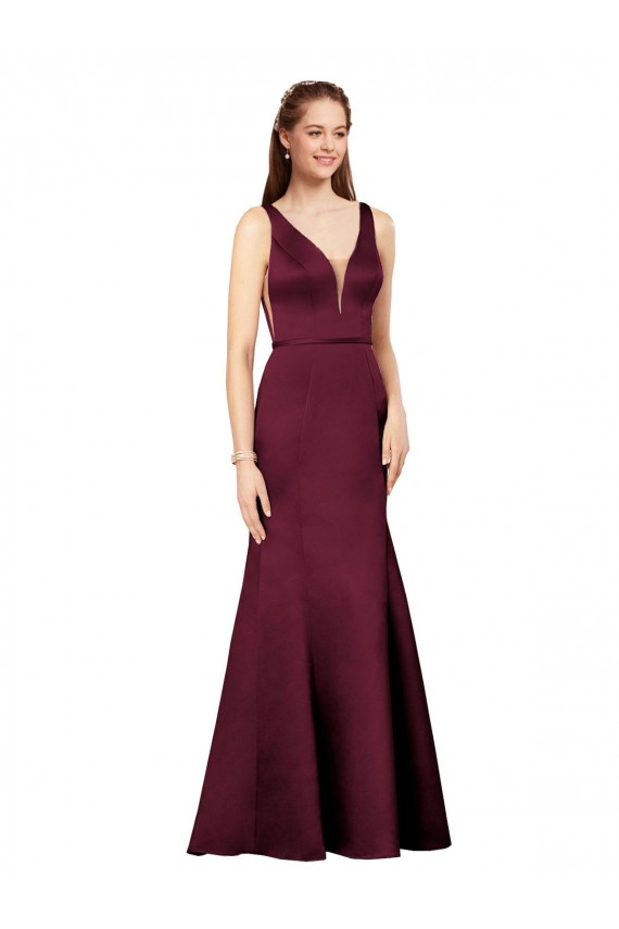 Long Sleeveless Satin Burgundy Sheath Formal Evening Dress