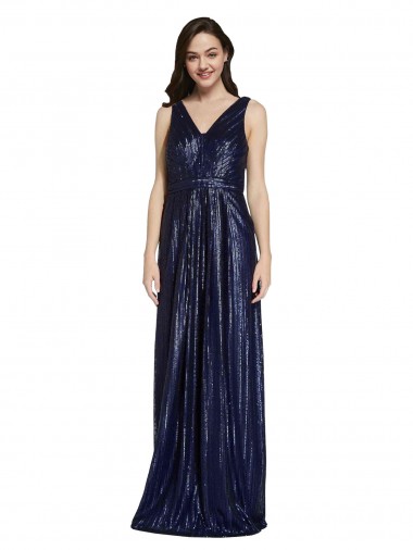 Long Sleeveless Sequin Dark Navy Sheath Formal Evening Dress for Sale