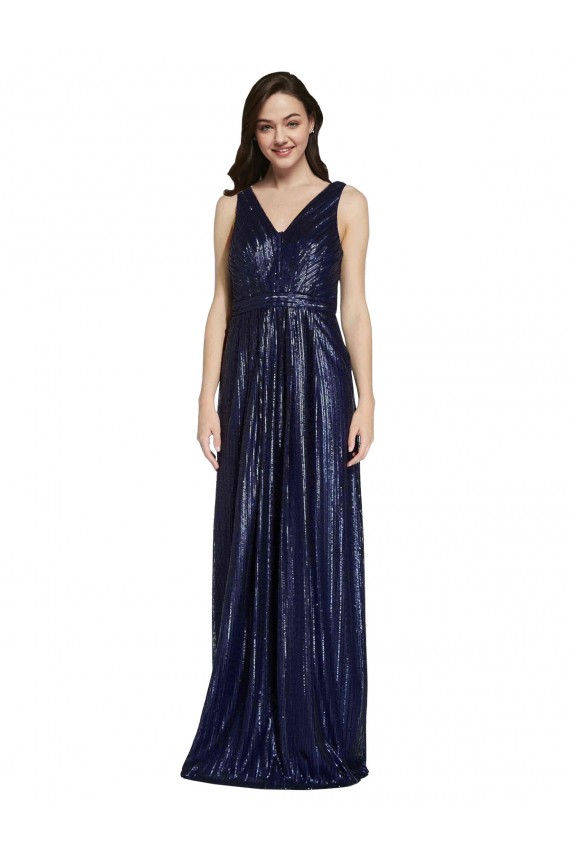 Long Sleeveless Sequin Dark Navy Sheath Formal Evening Dress