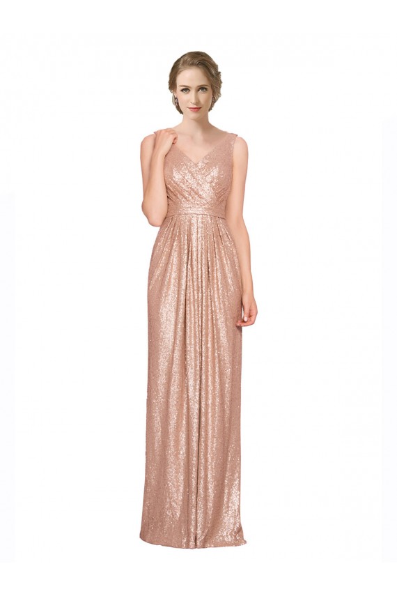 Long Sleeveless Sequin Rose Gold Sheath Evening Dress