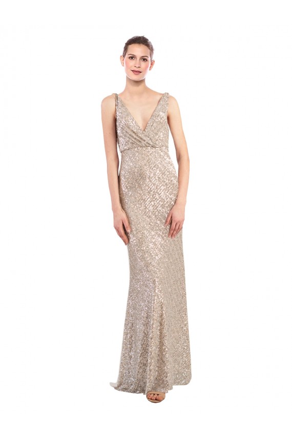 Long Sleeveless Sparkling Sequin Silver V-Neck Sheath Formal Evening Dress