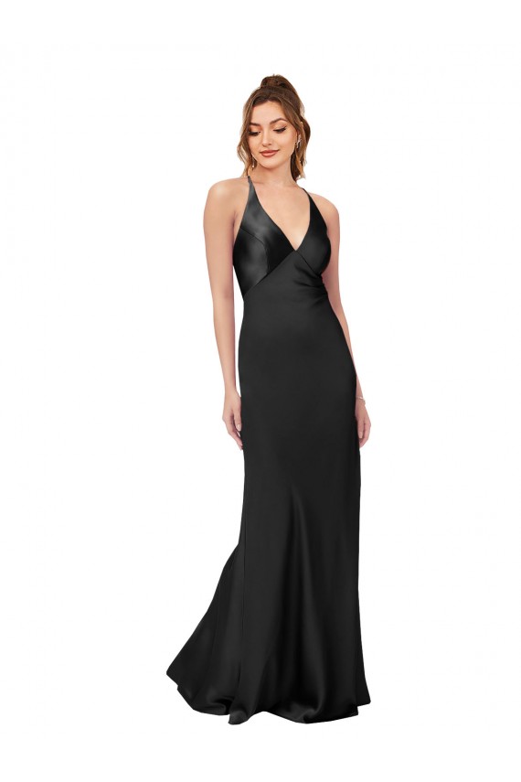 Long Sleeveless Silky Satin Black Sheath Black Tie Evening Dress