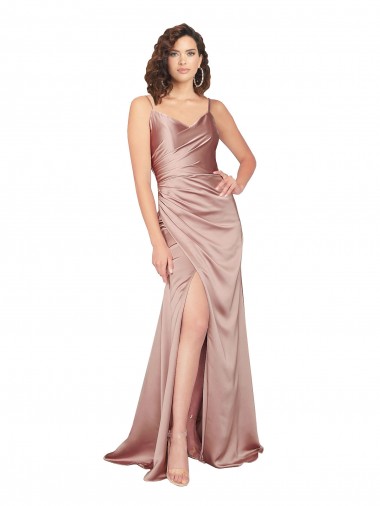 Long Sleeveless Silky Satin Dusty Pink Sheath Black Tie Evening Dress for Sale