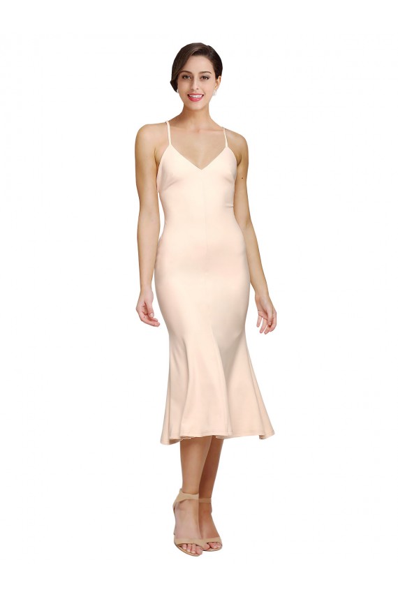 Midi Length Sleeveless Stretch Crepe Nude Sheath Evening Dress