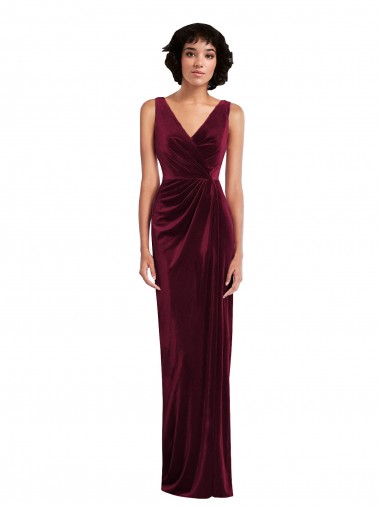 Long Sleeveless Stretch Velvet Burgundy Sheath Semi Formal Evening Dress for Sale