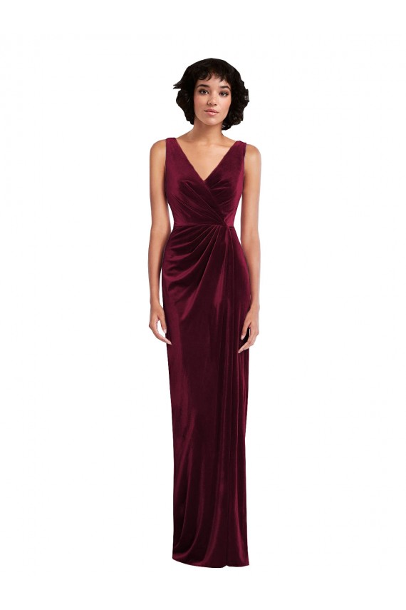 Long Sleeveless Stretch Velvet Burgundy Sheath Semi Formal Evening Dress