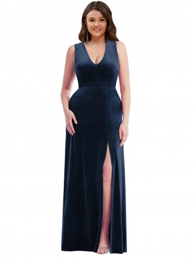 Long Sleeveless Stretch Velvet Dark Navy Sheath Plus Size Formal Evening Dress for Sale