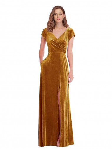 Long Cap Sleeves Stretch Velvet Gold Sheath Formal Evening Dress for Sale