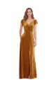 Long Cap Sleeves Stretch Velvet Gold Sheath Formal Evening Dress
