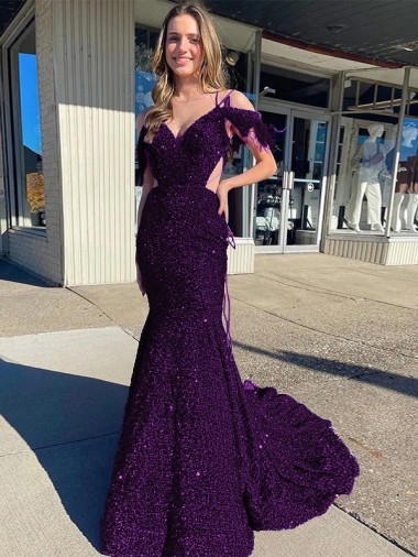 Court Train Sleeveless Velvet Sequin Plum Purple Sheath Evening Dress for Sale