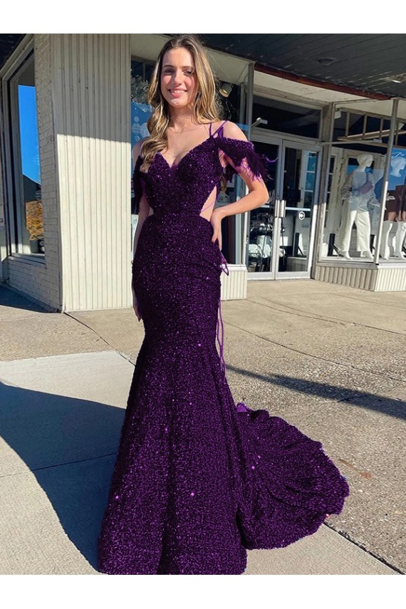 Court Train Sleeveless Velvet Sequin Plum Purple Sheath Evening Dress