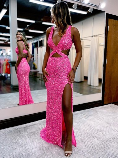 Long Sweep Train Sleeveless Velvet Sequin Sheath Evening Dress for Sale