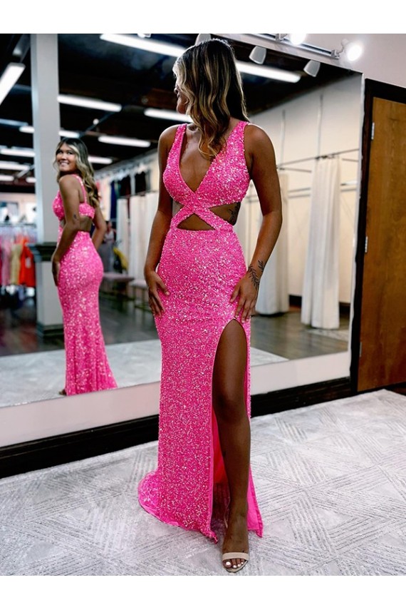 Long Sweep Train Sleeveless Velvet Sequin Sheath Evening Dress