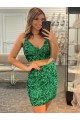 Short Sleeveless Velvet Sequin Shamrock Green Sheath Formal Dress