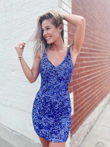 Short Sleeveless Velvet Sequin Sheath V-Neck Evening Dress for Sale
