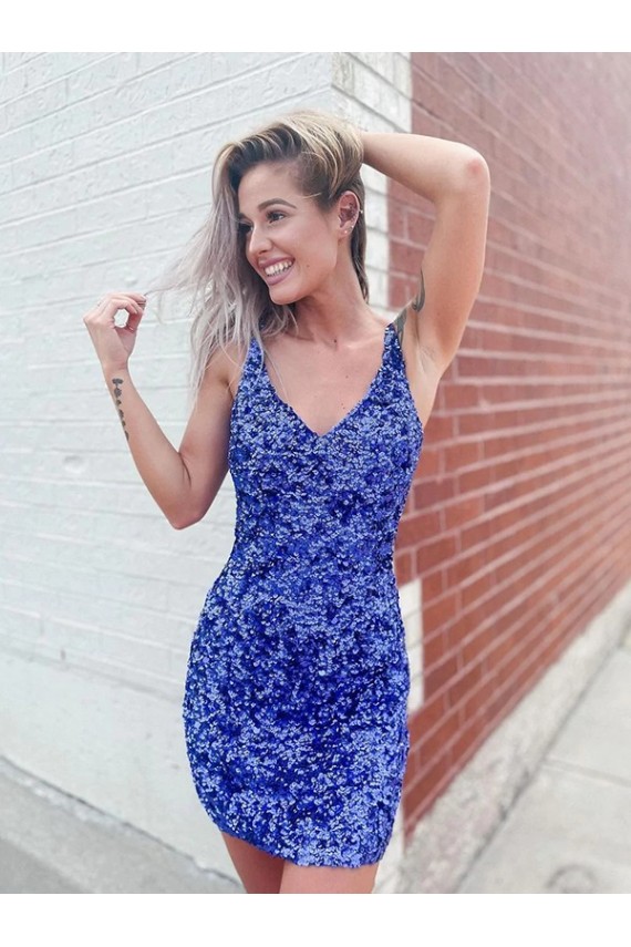 Short Sleeveless Velvet Sequin Sheath V-Neck Evening Dress