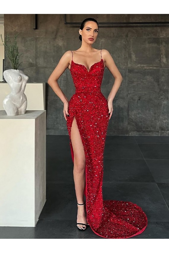 Sweep Train Sleeveless Velvet Sequin Red Sheath Evening Dress