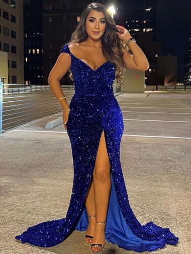 Sweep Train Sleeveless Velvet Sequin Royal Blue Sheath Dress for Sale