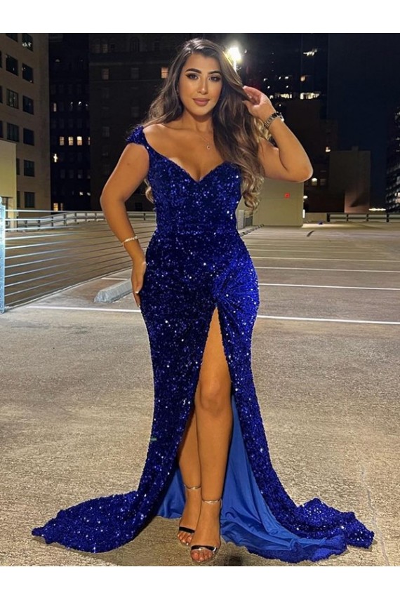 Sweep Train Sleeveless Velvet Sequin Royal Blue Sheath Dress