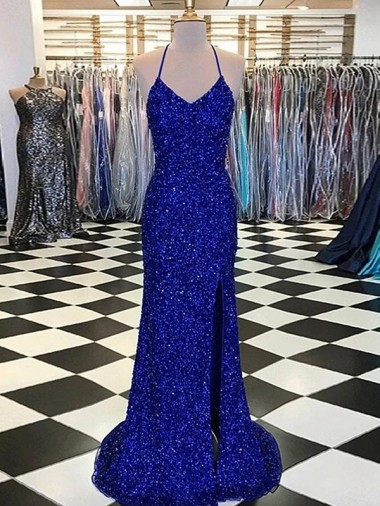Sweep Train Sleeveless Velvet Sequin Royal Blue Sheath Evening Dress for Sale