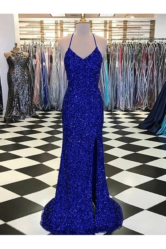 Sweep Train Sleeveless Velvet Sequin Royal Blue Sheath Evening Dress