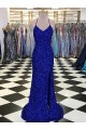 Sweep Train Sleeveless Velvet Sequin Royal Blue Sheath Evening Dress