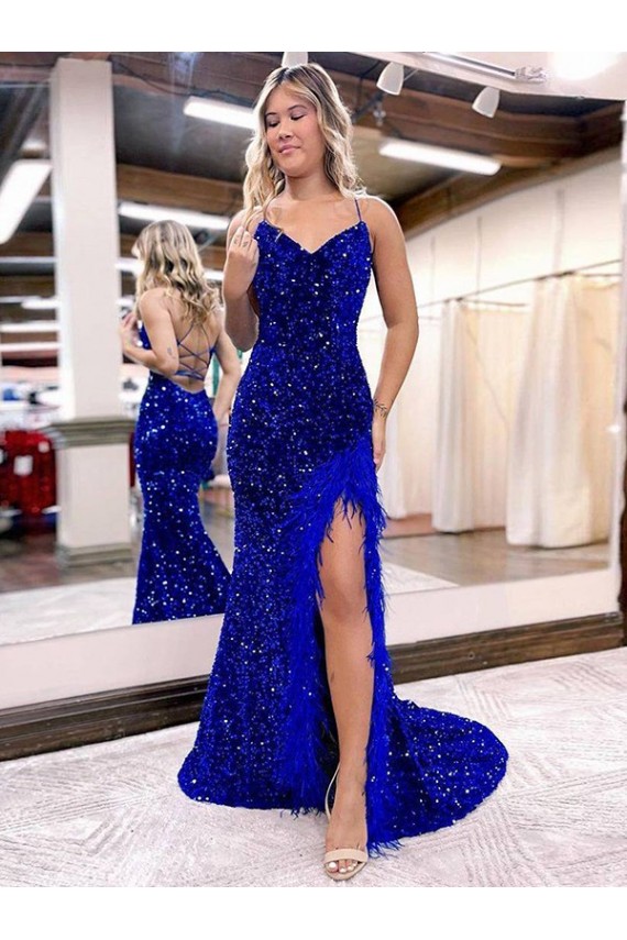 Sweep Train Sleeveless Velvet Sequin Royal Blue Sheath V-Neck Evening Dress