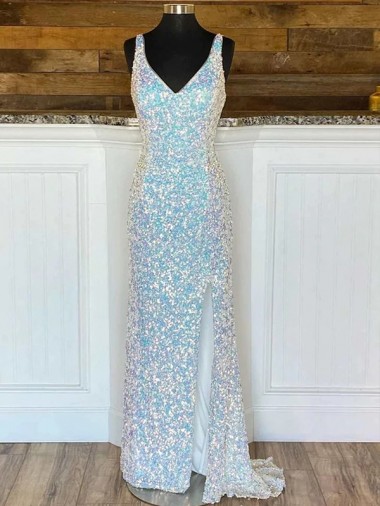 Sweep Train Sleeveless Velvet Sequin Sheath V-Neck Evening Dress for Sale