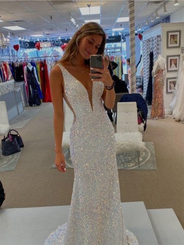 Sweep Train Sleeveless Velvet Sequin Sheath Evening Dresses for Sale