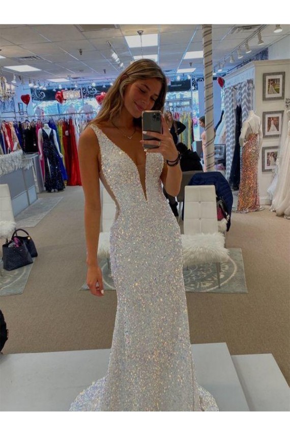Sweep Train Sleeveless Velvet Sequin Sheath Evening Dresses