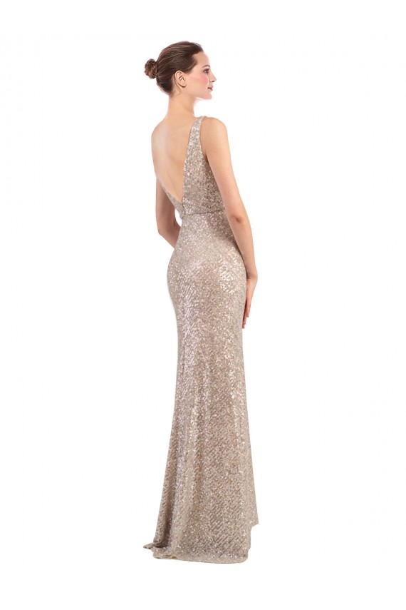 Long Sleeveless Sparkling Sequin Silver V-Neck Sheath Formal Evening Dress