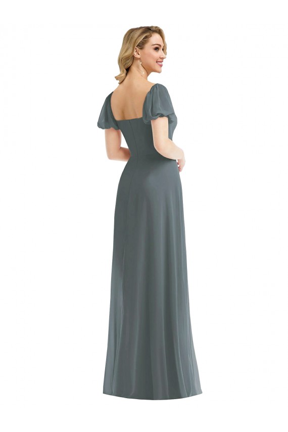Long Puff Sleeves Soft Chiffon Slate Grey A-Line Semi Formal Evening Dress