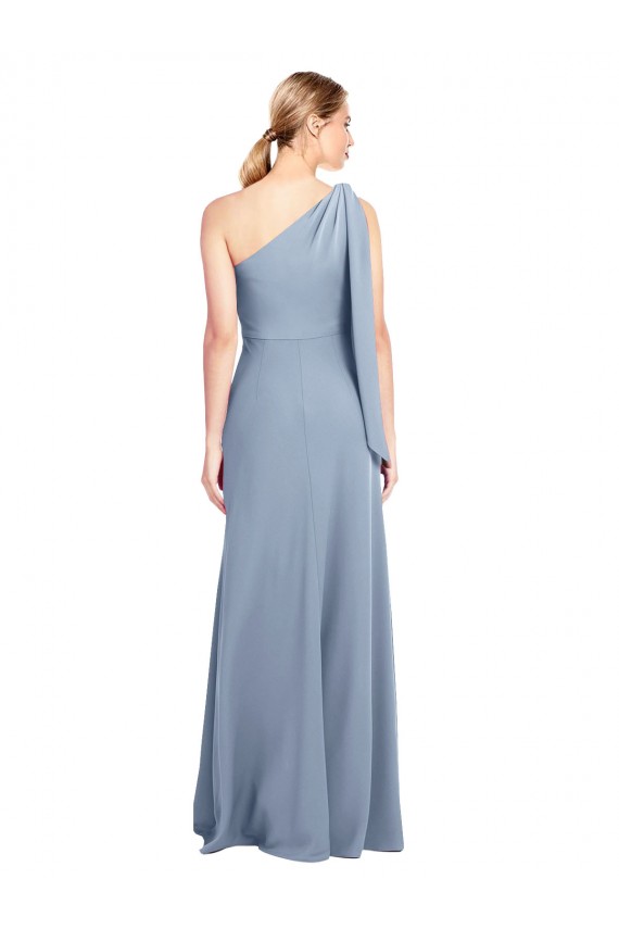 Long Flutter Sleeves Stretch Crepe Smoke Blue Sheath Formal Dress