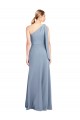 Long Flutter Sleeves Stretch Crepe Smoke Blue Sheath Formal Dress