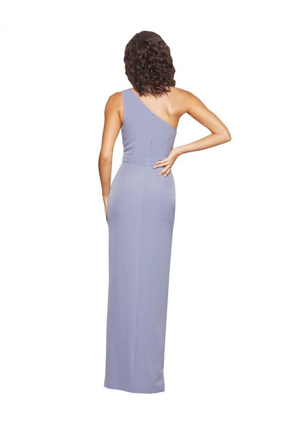 Long Sleeveless Stretch Crepe Smoke Blue One Shoulder Sheath Formal Evening Dress